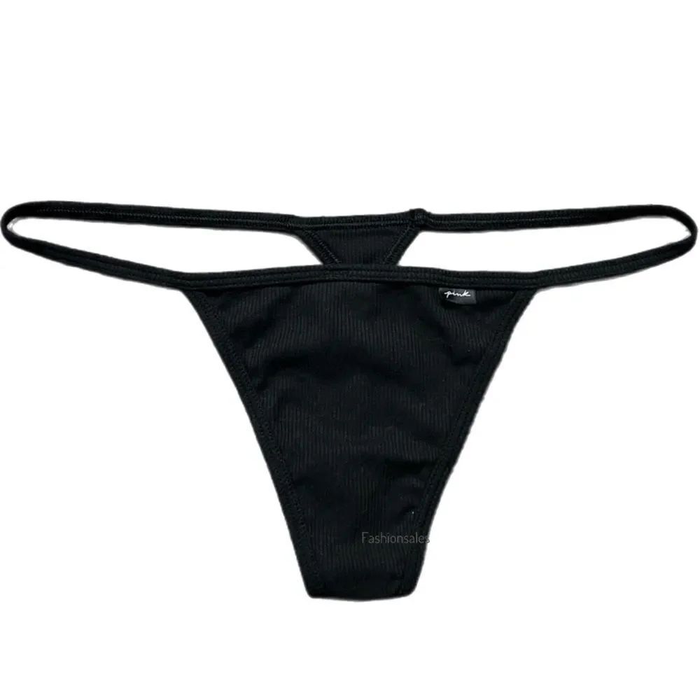 Victorias Secret Pink Soft Cotton Ribbed V String panty Black Xlarge